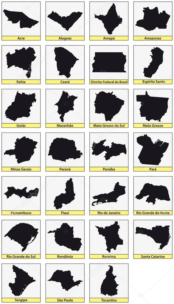 twenty seven black maps of the Subdivisions of Brazil