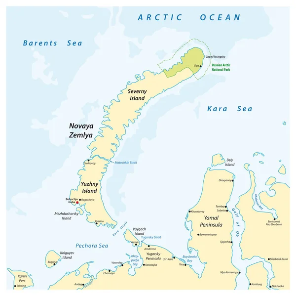 Kaart van de archipel Nova Zemlya in de Noordelijke IJszee in Northe — Stockvector