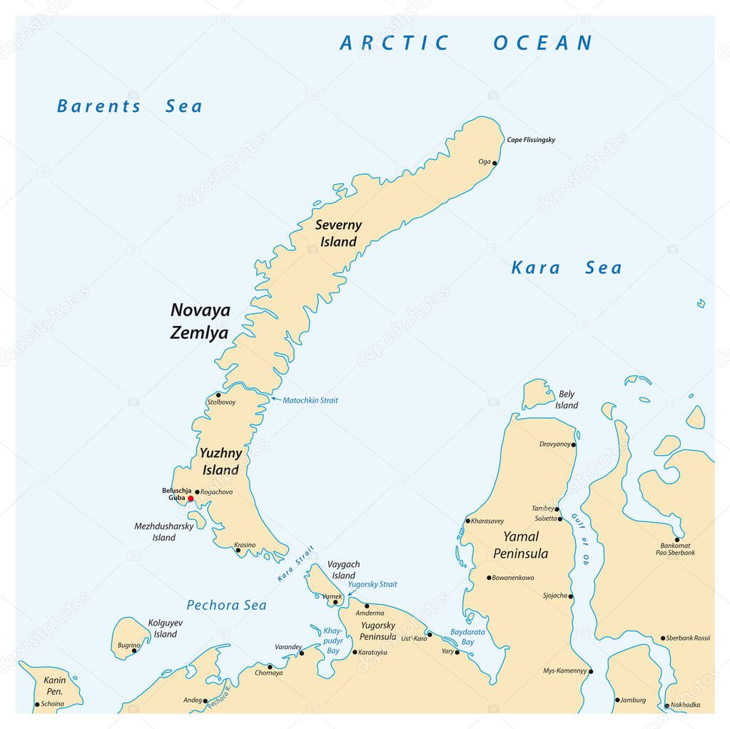 Map of the archipelago Nova Zemlya in the Arctic Ocean in northe