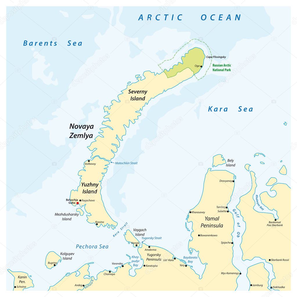 Map of the archipelago Nova Zemlya in the Arctic Ocean in northe