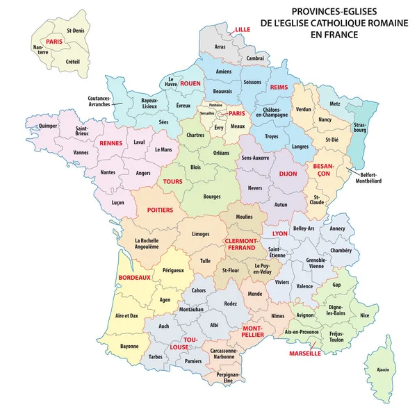 Kaart van de provincies van de katholieke kerk in Frankrijk — Stockvector