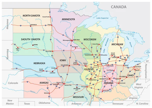 Mapa środkowo-zachodnich Stanów Zjednoczonych Ameryki — Wektor stockowy