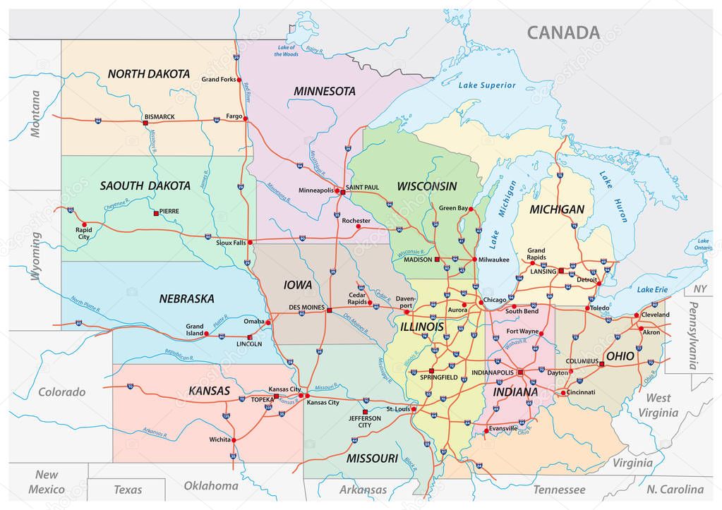 Map of the Midwest United States of America