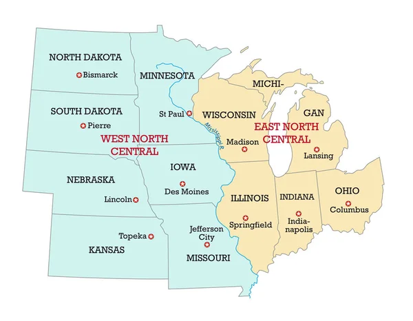 Mappa del Midwest degli Stati Uniti d'America — Vettoriale Stock