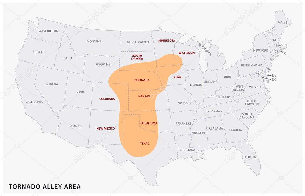 Map of the Tornado Alley area in the United States