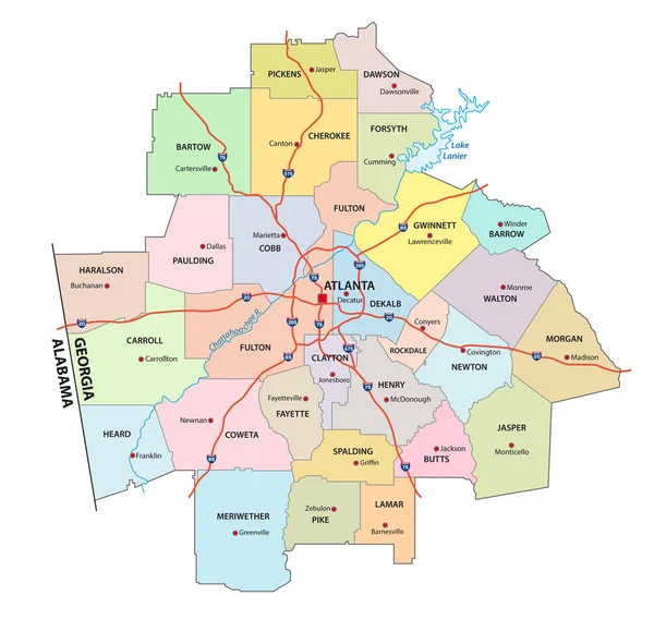 Hoja de ruta administrativa del área metropolitana de atlanta georgia — Vector de stock