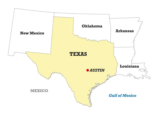 Peta negara bagian Texas dengan negara-negara bagian tetangga - Stok Vektor