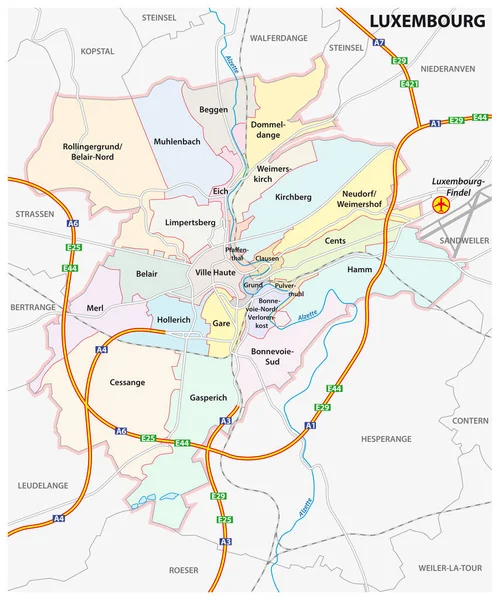 Διοικητικού και δρόμου χάρτη της πόλης του Λουξεμβούργου — Διανυσματικό Αρχείο