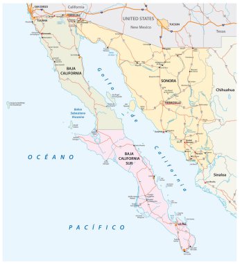 Meksika eyaletlerinin Yol haritası Sonora, Baja California ve Baja California Güney