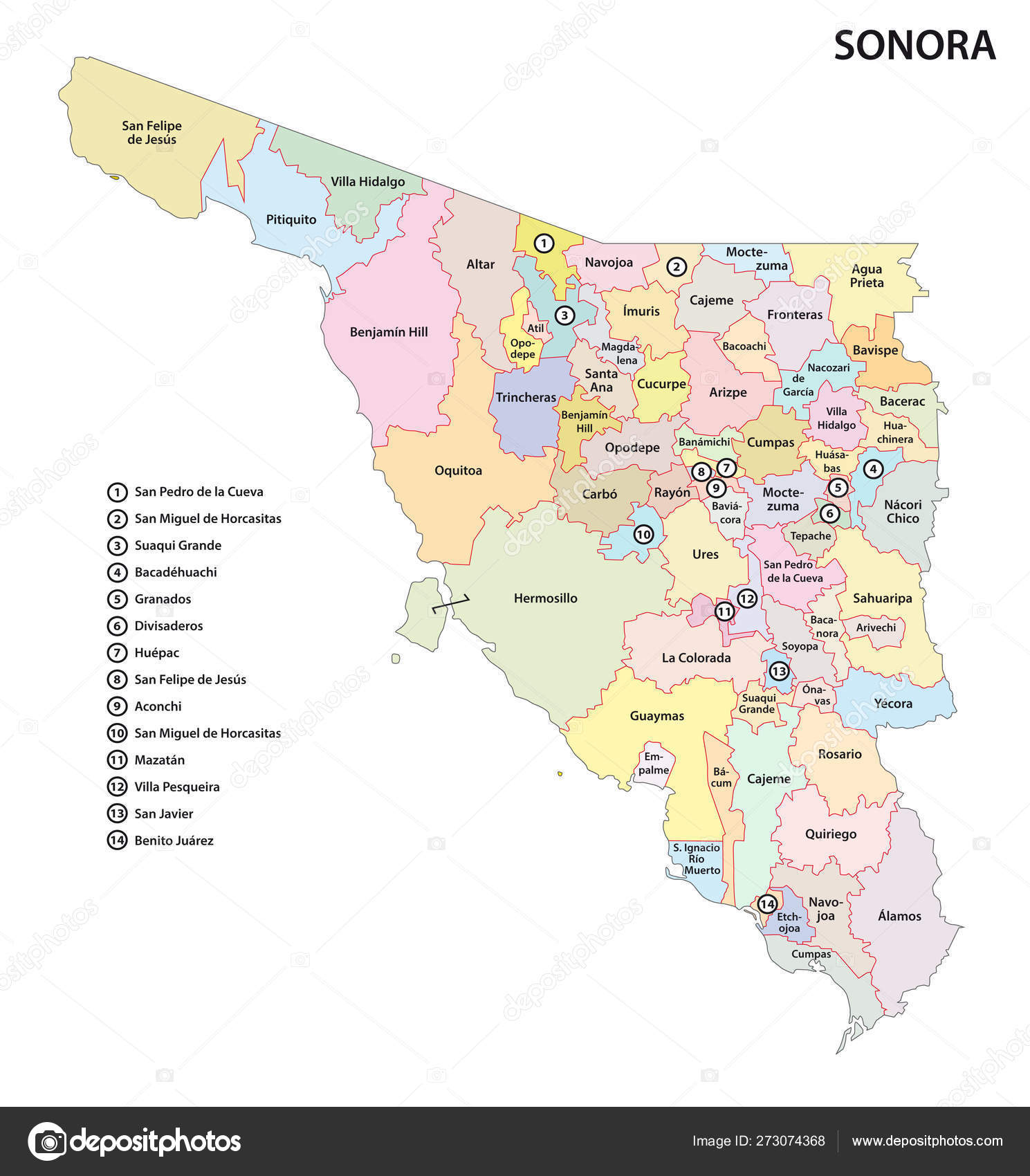 Mapa administrativo y político del estado mexicano de Sonora — Vector