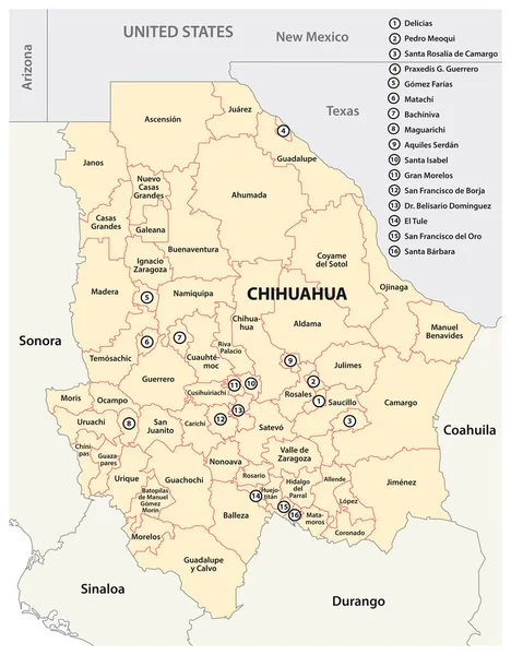 Mapa administrativo del estado mexicano de Chihuahua — Vector de stock