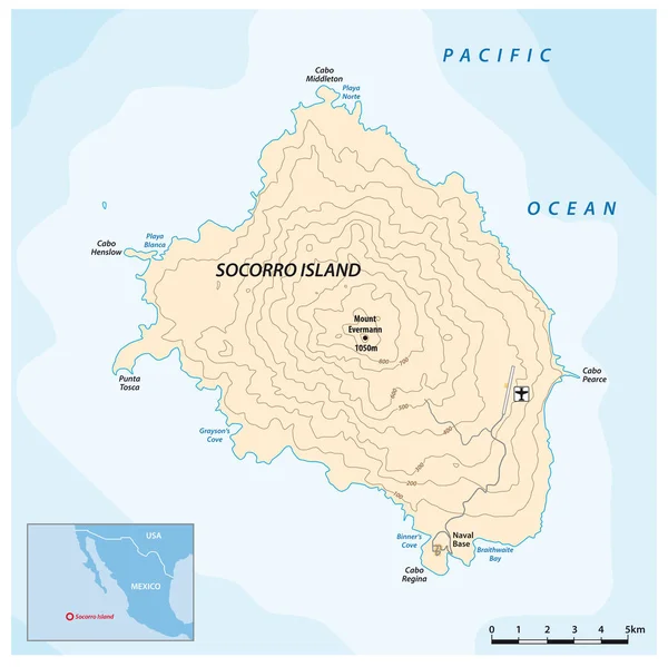 Mappa dell'isola messicana del Pacifico Socorro — Vettoriale Stock