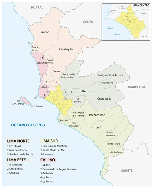 Lima área metropolitana mapa administrativo y político en español — Vector de stock
