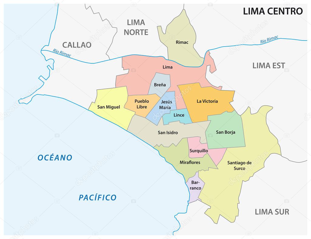 Lima center area administrative and political map in spanish language
