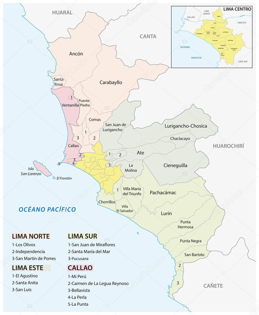 Lima metropolitan area administrative and political map in spanish language