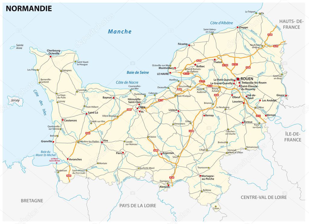 Road map of the new French region of Normandy in French language