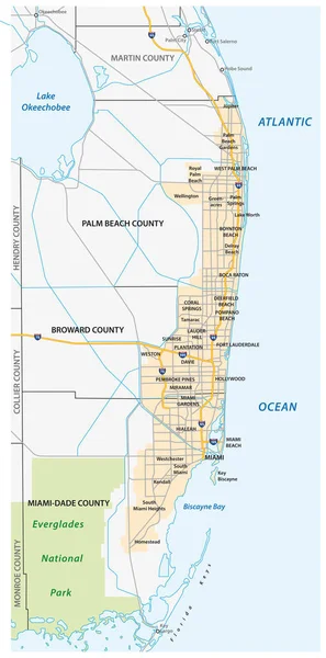 Mapa metropolitano o área metropolitana de Miami — Archivo Imágenes Vectoriales