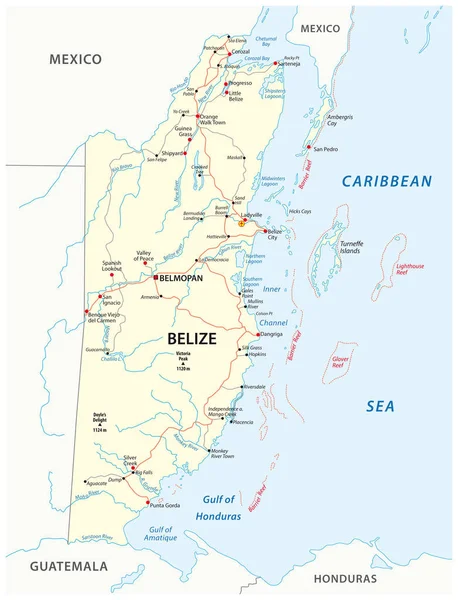 Mapa drogowa państwa Ameryki Środkowej Belize — Wektor stockowy