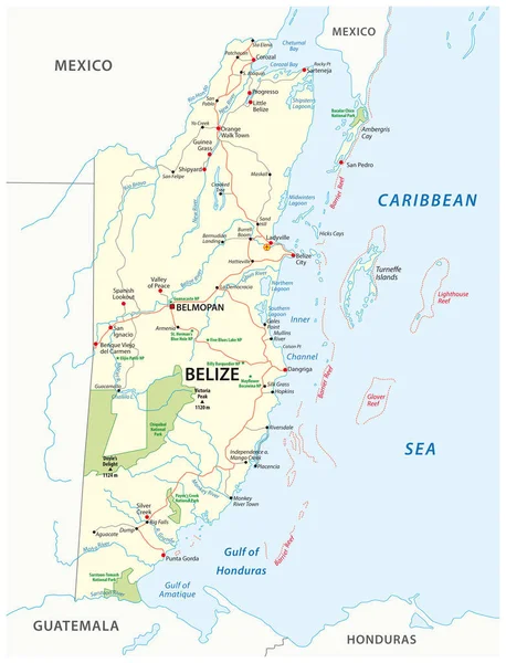 Mapa de carreteras y parques nacionales del estado de Belice — Vector de stock