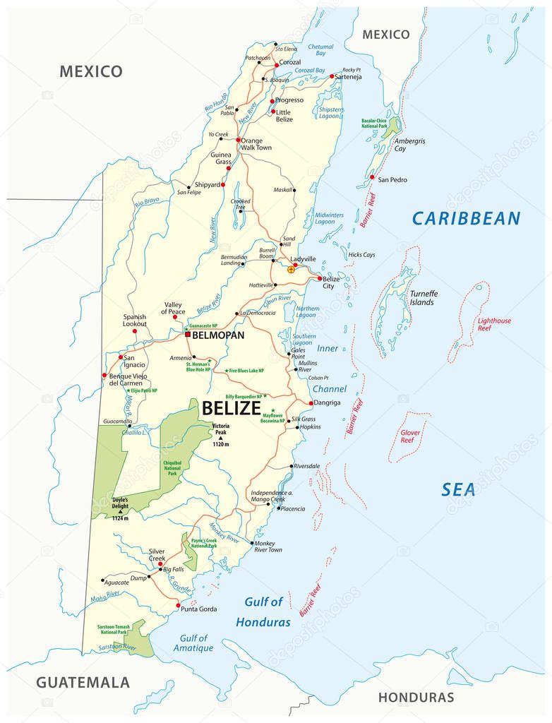 Road and national park map of the central african state belize