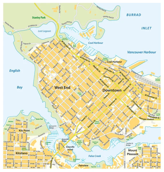 Mappa dettagliata del centro di Vancouver, Columbia Britannica, Canada — Vettoriale Stock