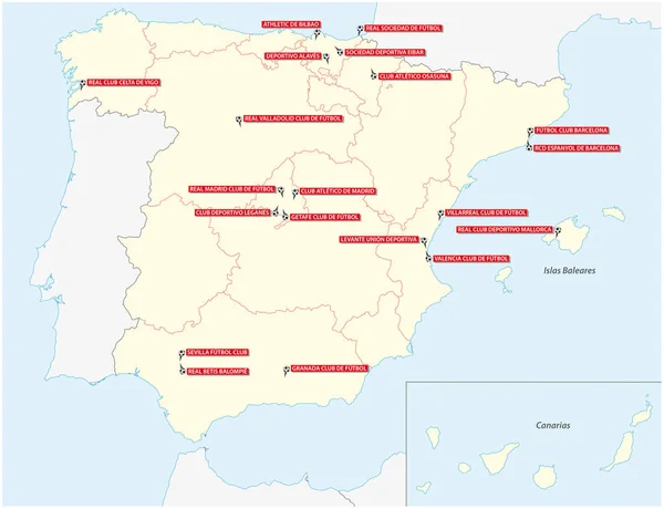 Mapa con los veinte clubes de la primera Liga Española de Fútbol 2 —  Fotos de Stock