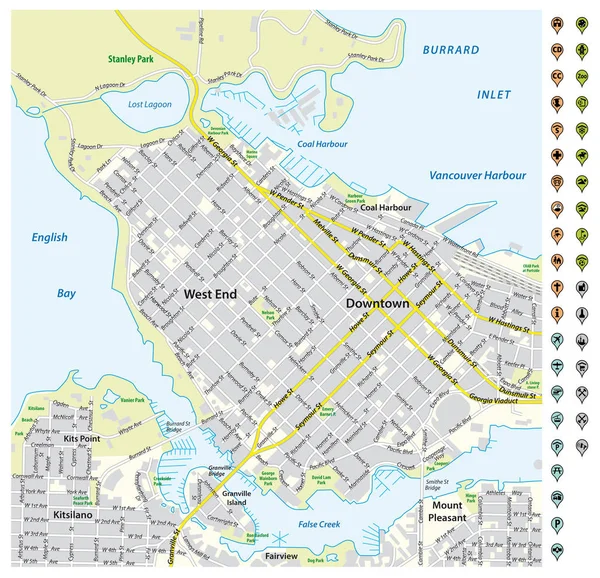 Pin işaretçileri ve altyapı simgeleri ile Vancouver şehir merkezi sokak haritası — Stok Vektör