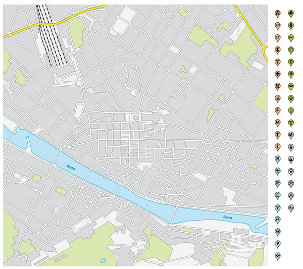 Straat kaart van het centrum van Florence met PIN pointers en infrastructuur iconen — Stockvector