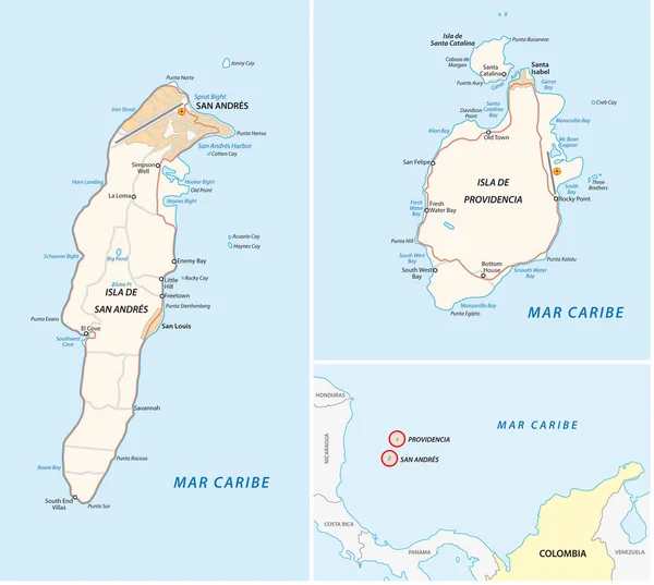 San Andres, Providencia ve Santa Catalina yol haritası — Stok Vektör