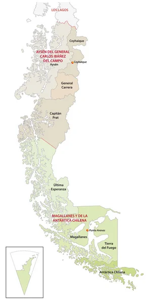 Verwaltungs- und politische Landkarte der südlichen chilenischen Regionen — Stockvektor
