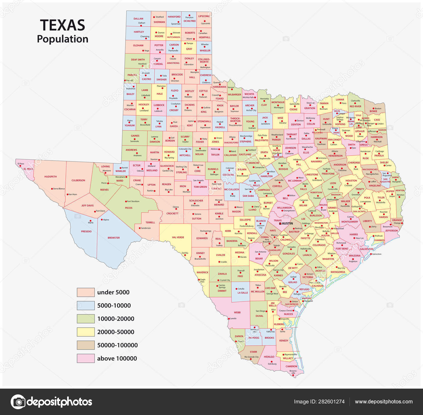 Administrative county map of the federal state of texas by population ...