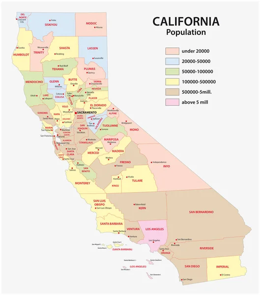 Carte administrative du comté de l'État fédéral de Californie par densité de population — Image vectorielle