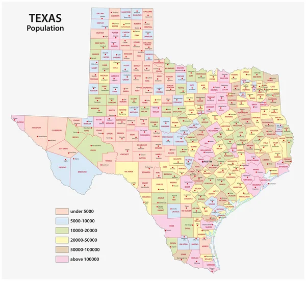 Bestuurlijke kaart van de staat Texas per bevolkingsdichtheid — Stockvector