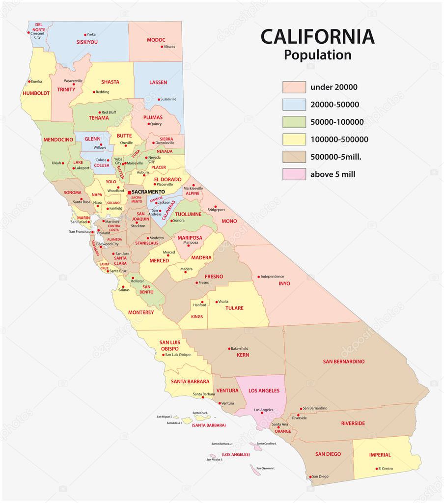 administrative county map of the federal state of california by population density