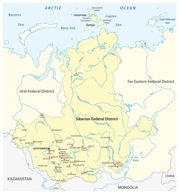 Map of the Russian Siberian Federal District with major cities and rivers clipart