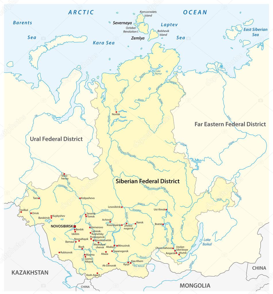Map of the Russian Siberian Federal District with major cities and rivers