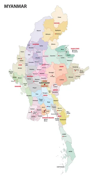 Myanmar mapa administrativo con regiones y distritos — Vector de stock