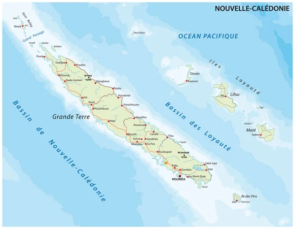 Mappa stradale Nuova Caledonia Gruppo di isole francesi nel Pacifico meridionale — Vettoriale Stock