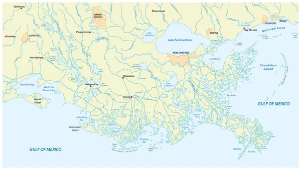 Detailní mapa delty řeky Mississippi v americkém státě Louisiana — Stockový vektor