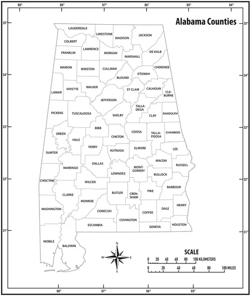 Alabama State overzicht administratieve en politieke vectorkaart in zwart-wit — Stockvector