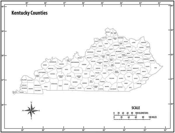Mappa vettoriale amministrativa e politica dello stato del Kentucky in bianco e nero — Vettoriale Stock