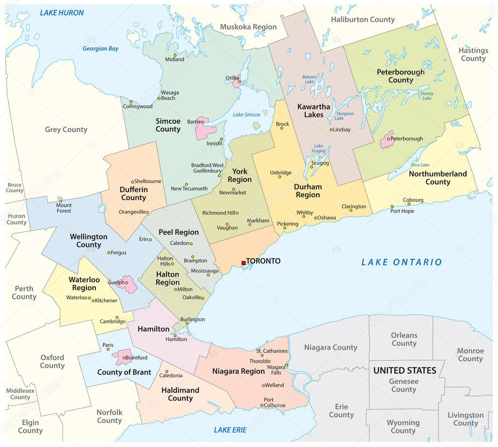 Map of the Golden Horseshoe metropolitan area around the western end of Lake Ontario, Ontario, Canada