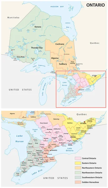 Bestuurlijke kaart van de regio's in Canada s provincie Ontario — Stockvector