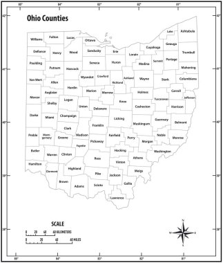 Ohio devlet anahat idari ve siyasi vektör harita siyah beyaz