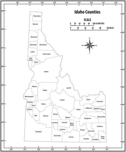 Idaho State Outline Administrativ Och Politisk Vektor Karta Svart Och — Stock vektor