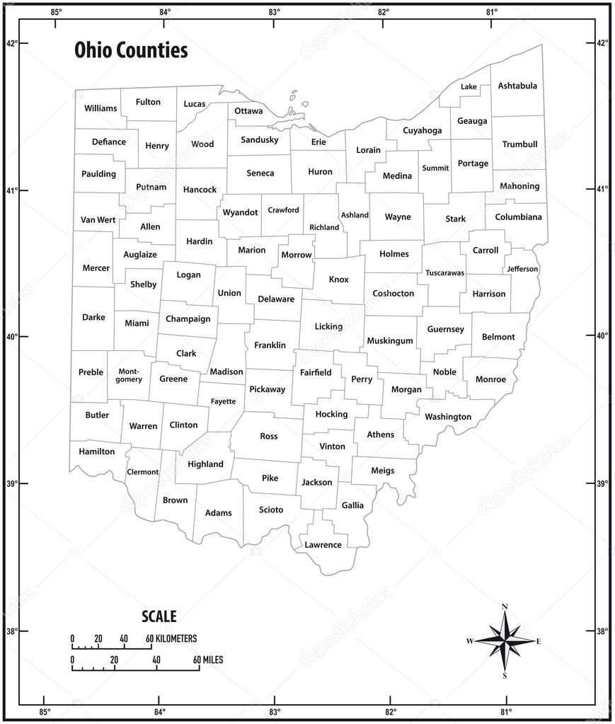 Ohio state outline administrative and political vector map in black and white