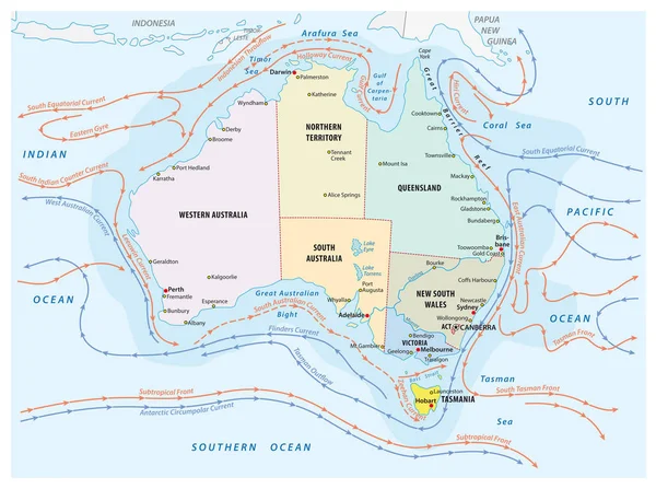 Mapa del mar y las corrientes costeras en la región australiana — Vector de stock