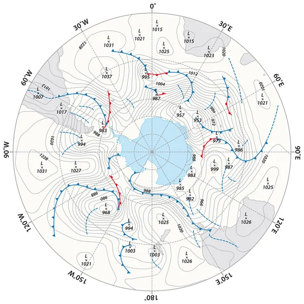 아이소바와 날씨 전선과 가상의 날씨지도 남극 — 스톡 벡터