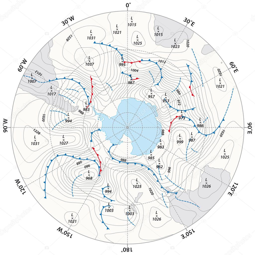 imaginary weather map Antarctica with isobars and weather fronts