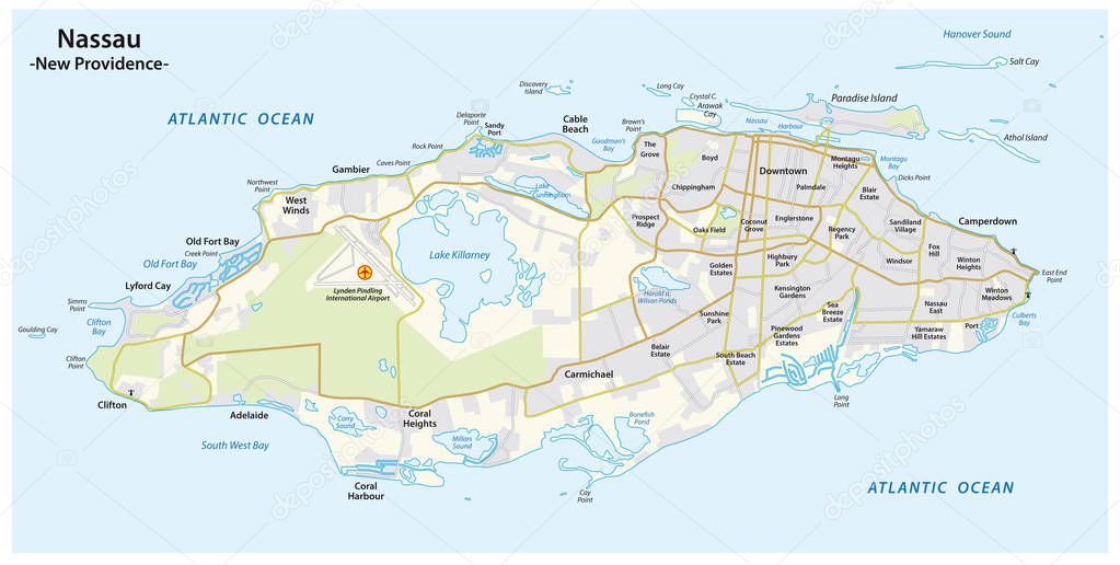 Map of Nassau capital of the Bahamas on the island New Providence